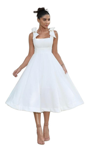Vestido Feminino Branco Midi Romântico Com Bojo Moda Festa