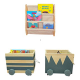 Rack Para Livros Infantil E 2 Caixotes Baús Toy Box