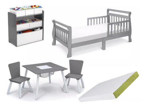 Cama De Madera Infantil Mesa Juguetero Colchon Davinci Gris