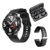 Combo Smartwatch Hombre Dt5 Mate Auricular F9 2 Mallas Negro