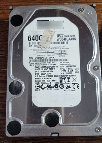 Disco Rígido Western Digital 640 Gb Sata Usado - Mb Estado