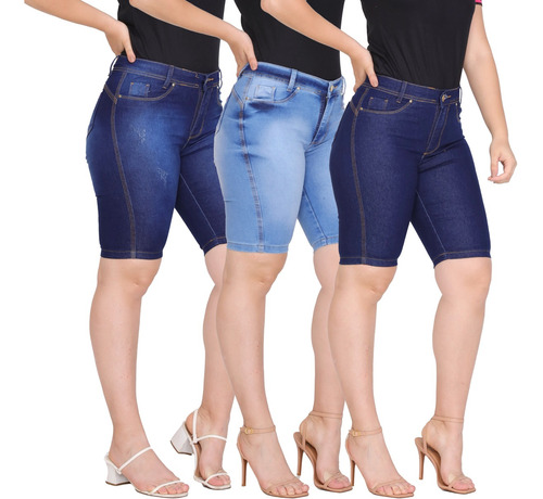 Shorts Jeans Feminino Ate O Joelho Kit Com 3 Unidades