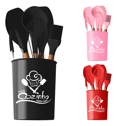 Kit Conjunto Utensílios De Cozinha Silicone Porta Talheres 