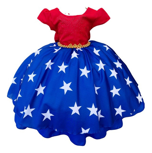 Vestido Infantil Mulher Maravilha Vermelho E Azul Luxo 