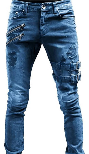 Hombre Moda Agujero Reparación De Motocicleta Jeans Elástico