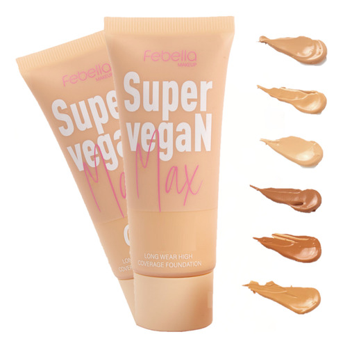 Base De Maquiagem Líquida Febella Base Bb5043 Base Super Vegan Max Tom Sortido  -  Kit De 6 Unidades De 45ml 52g