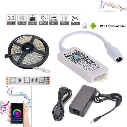 Kit 5 Metros Luces Led Wifi 5050 Rgb  Con Fuente Completo