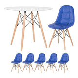 Kit Mesa Jantar Eames Wood 90 Cm E 5 Cadeiras Eames Botonê Cor Da Tampa Mesa Branco Com Cadeiras Azul