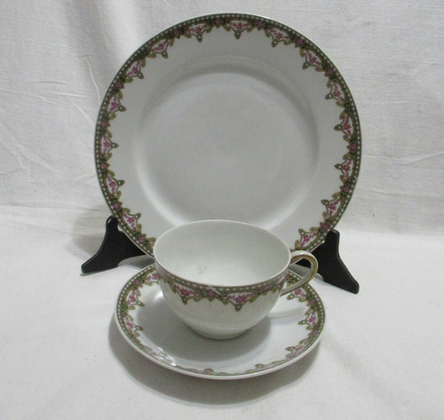 Trío Porcelana Limoges France 2 Platos 1 Taza Soporte Madera