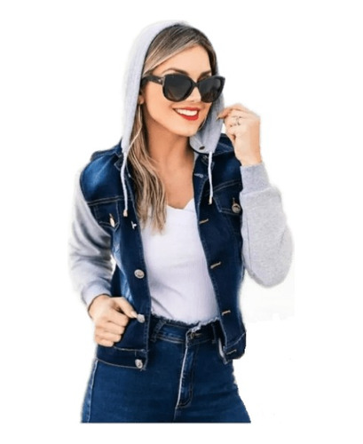 Jaqueta Feminina  Jeans Com Moletom Com Capuz +brinde