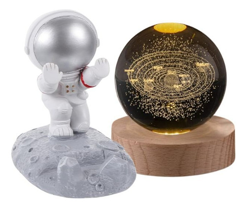 Lampara Esfera De Cristal 3d Con Base De Madera Y Astronauta