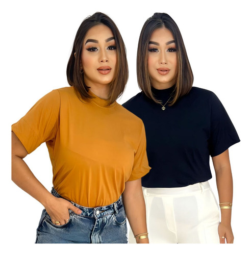 Kit 2 Camiseta Feminina T-shirt Gola Alta Básica Premium