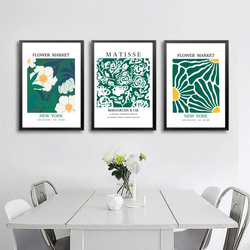 Set De 3 Cuadros Con Vidrio Matisse Flores Verdes Abstractos