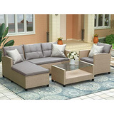 Conjunto Muebles Patio 4pzs, Sofá Rattan Con Mesas De Crista