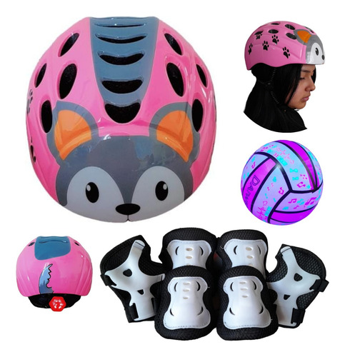 Kit Casco Ciclismo Infantil Tamaño Edad 4-13 +pelota Con Luz