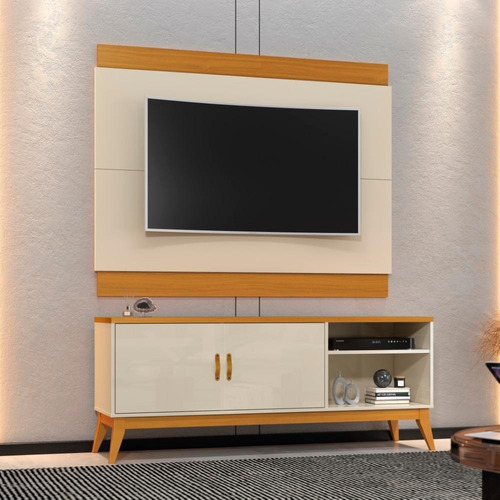 Rack Com Painel Para Tv Até 60 Polegadas Apolo 160cm Cor Offwhite E Cedro