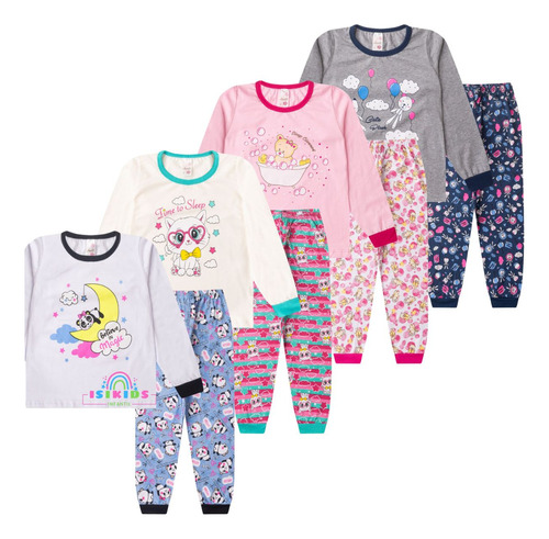 Kit 4 Pijama Infantil Manga Longa Roupa Menina Algodão