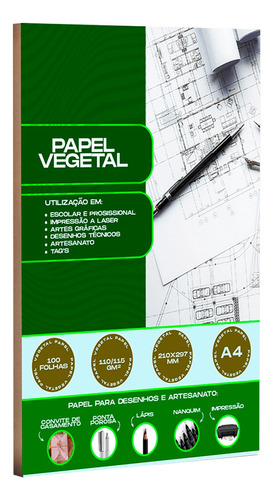 Papel Vegetal A4 210x297mm 110-115g/m² Caixa Com 100 Folhas