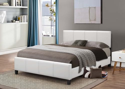 Cama Queen Tapizada En Cuero Sintético Blanco Con Cabecero Y