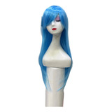 Peluca Sintética Lisa Para Cosplay Color Celeste Largo 60cm