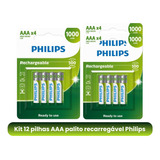Kit 12 Pilhas Recarregável Philips Aaa 1000mah Hr03