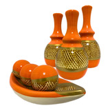 Conjunto Enfeite Sala Ceramica Centro Mesa Decorativo Cores Cor Cristal Laranja Dourado