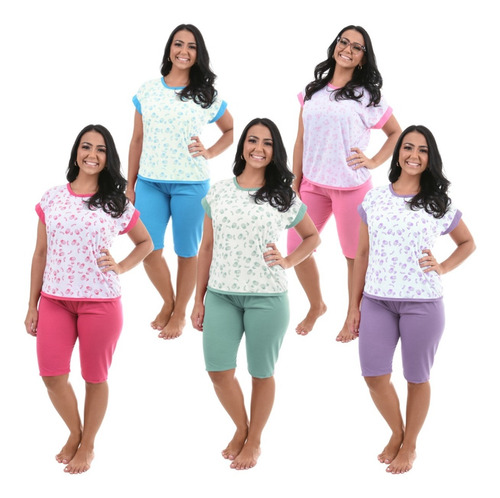 Pijama Pescador Bermudão Feminino Adulto Manga Verão Oferta