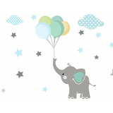 Vinilo Decorativo Elefante Con Globos Y Estrellas  Bebe