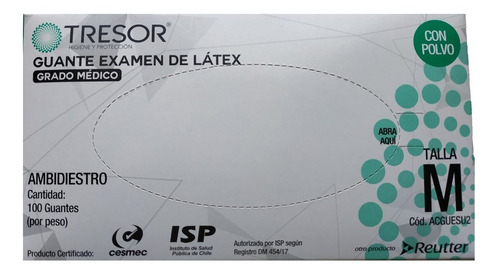Guante Latex Tresor Talla M Caja X 100 Un. Certificación Isp