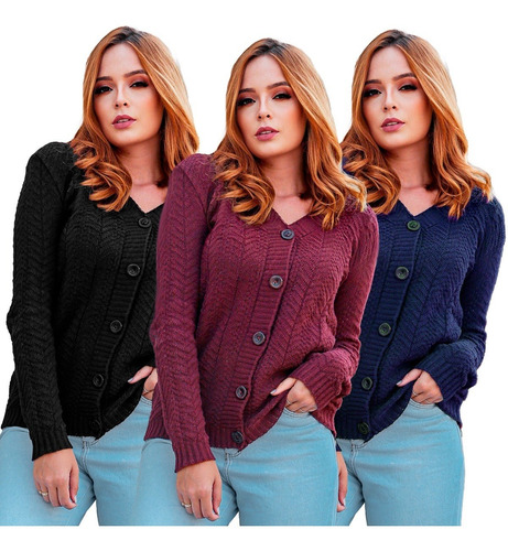 Kit 3 Casacos De Frio Blusa Tricot Cardigan Com Botões