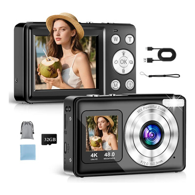 Cámara Digital Doble Pantalla 2.4+1.3 Fotos De 4k Video,beaowink Recargable Cámara Webcam Principiantes De 4800w Lente 1080p Profesional Zoom 18 Veces Con Filtros, Flash +32gb Tarjeta Para Niños | Meses sin interés
