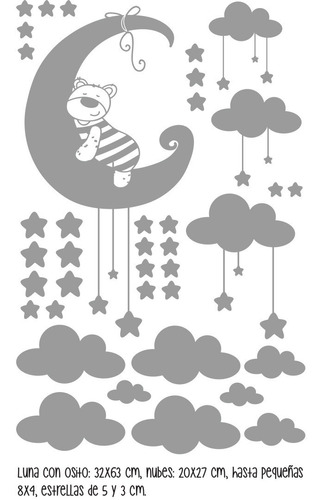 Vinilo Decorativo Osito Luna Nubes Estrellas Bebe
