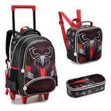 Conjunto 3 Peça Mochila Rodinhas Menino Dark Spider - Denlex Cor Preto