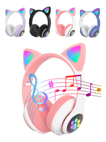 Fone De Ouvido Gatinho Bluetooth Rosa Led Feminina Infantil