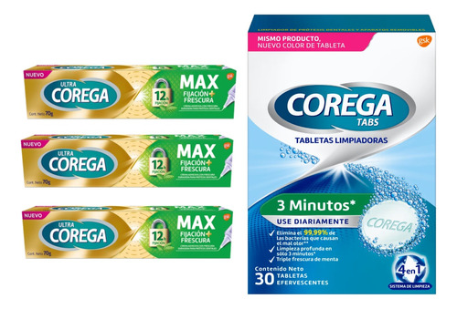 Combo Corega Tabs  + Ultra Corega Max 70g X 3 Unidades