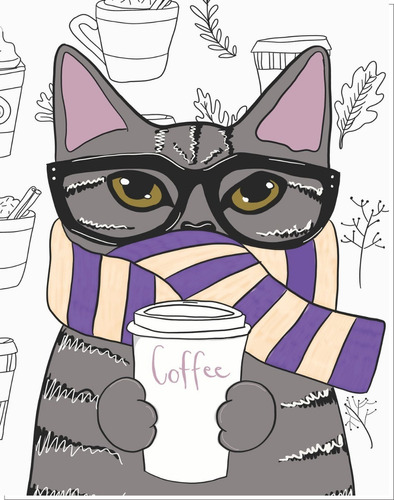 Quadro Poster Mdf Coffee Cat Gato Tomando Café