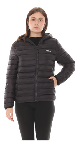 Campera Mujer Capucha Ultra Liviana Simil Pluma Negro