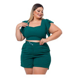 Conjunto Plus Size Cropped Manga Babado + Short Botão 0497