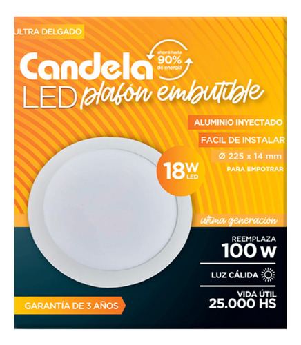 3 Plafones Led Redondos Embutir 18w Luz Cálida Candela 6822