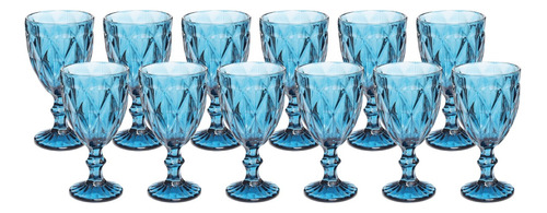 Kit 12 Copos Taça De Vidro Azul Diamante 300ml P/ Agua Vinho