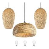 Trio De Pendente Fibra Natural Bambu Rustico Com01 + Led