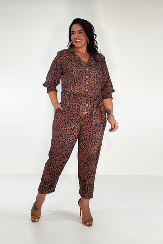 Macacão Longo Animal Print - Plus Size