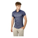 Camisa Masculina M/ Curta Jeans Social Bengaline Slin Lycra