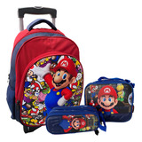 Kit Morral Ruedas Mario Bros + Lonchera + Cartuchera