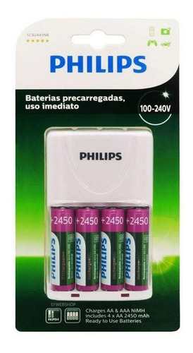 Kit Carregador Pilhas Philips Recarregaveis Aa 2450mah Xbox