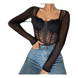 Crop Top Para Mujer Con Manga Larga Y Encaje Estilo Corset 