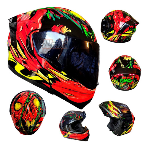 Casco Moto Negro Rojo Kov Zombie Abatible Certificado Rs Dot