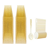 Set De 50 Vasos De Postre Dorados De 150ml Y 50 Cucharas