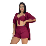 Conjunto Moda Feminina Cropped+short Verão Kimono Promoção