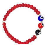 Pulsera Elastico Checa Cristal 3 Ojo Protección Roja Plata